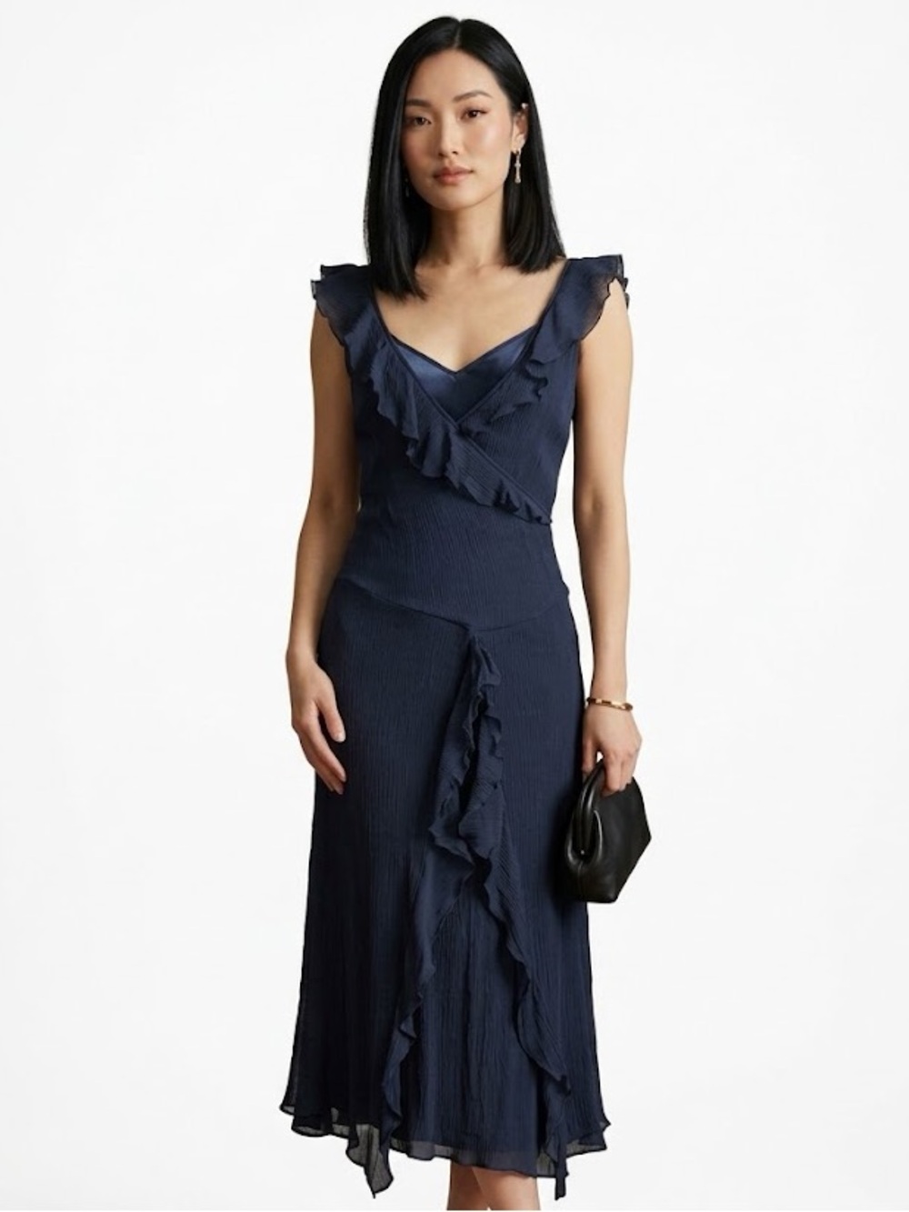 Vintage Y2K To the Max Ruffled Silk Midi Dress in Navy Blue Women’s Size 4